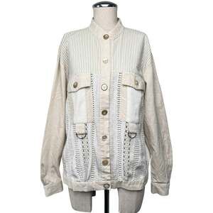 Sunny Sport Linen Blend Crochet Shirt Jacket Vintage Beige Button Front Women